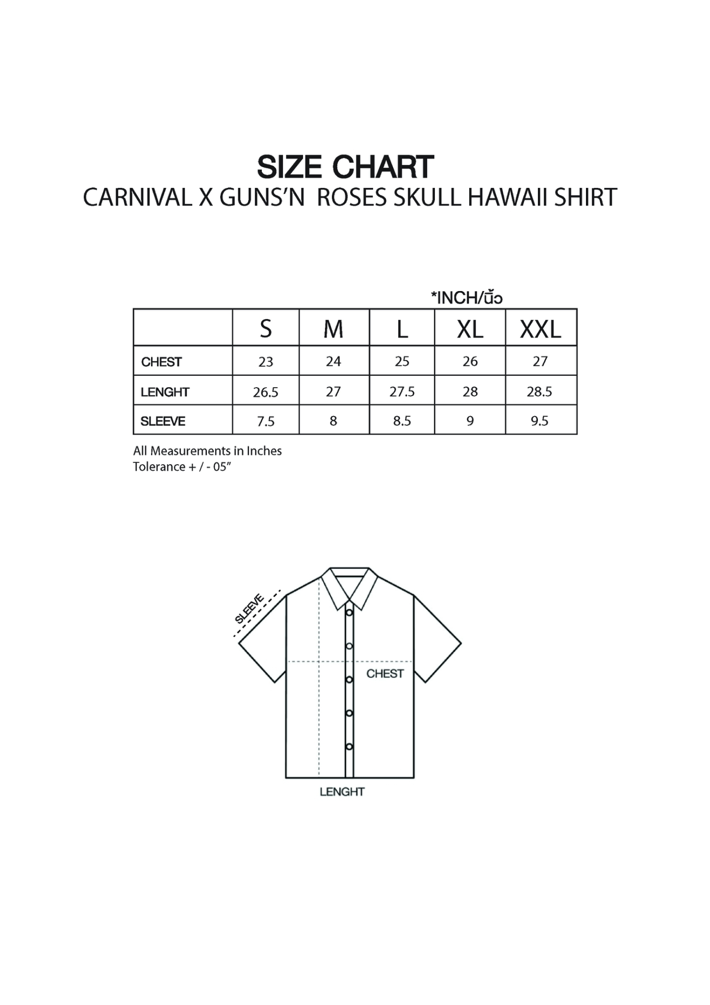 CARNIVAL X GUNS N' ROSES | SIZE CHART